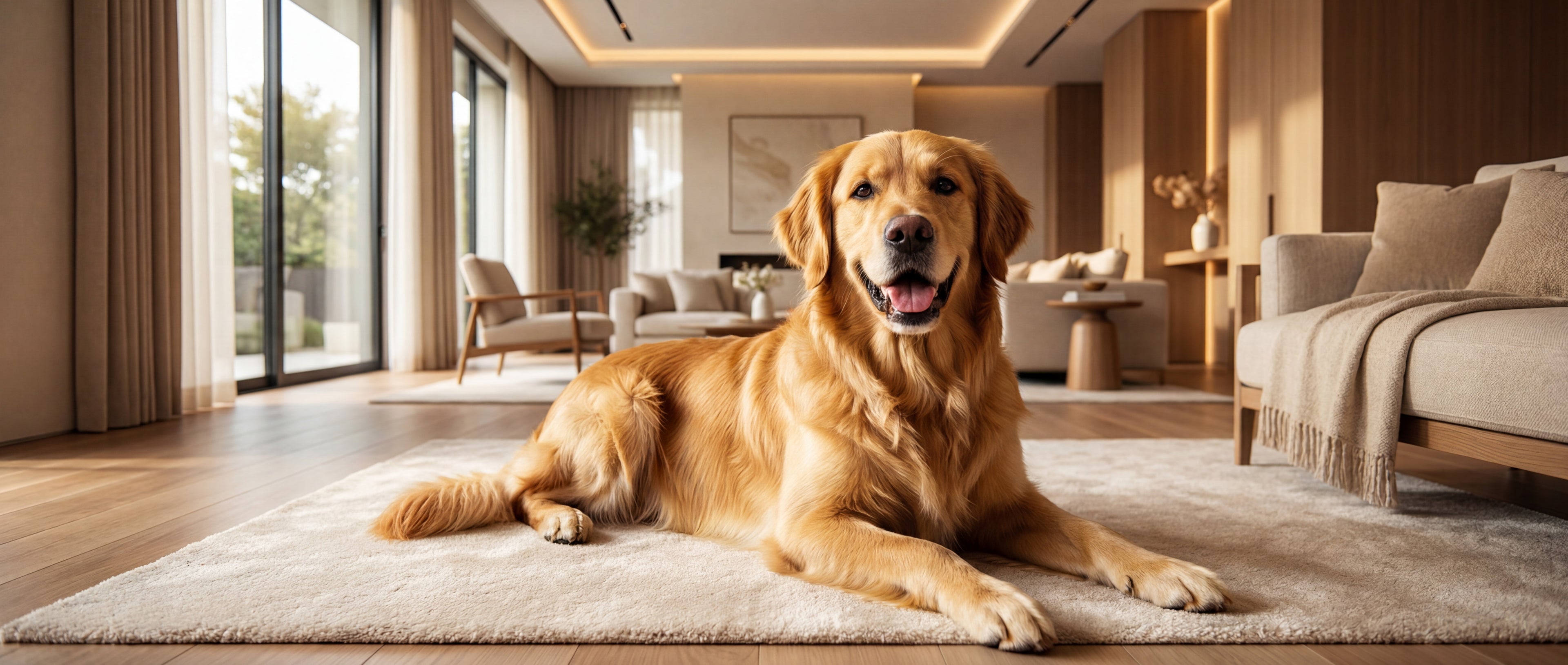 Golden retriever lying on a rug in a modern living room.